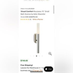 Rousseau 15" Small Bath Sconce by Kelly Wearstler - Chrome with White Shade